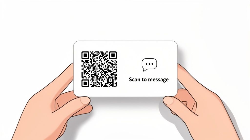 Two cartoon hands holding a white card featuring a QR code and 'Scan to message' text.