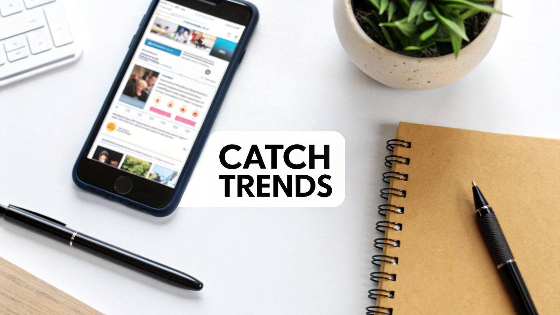 Overhead shot of a clean workspace with a smartphone displaying social media content, keyboard, and notebook.