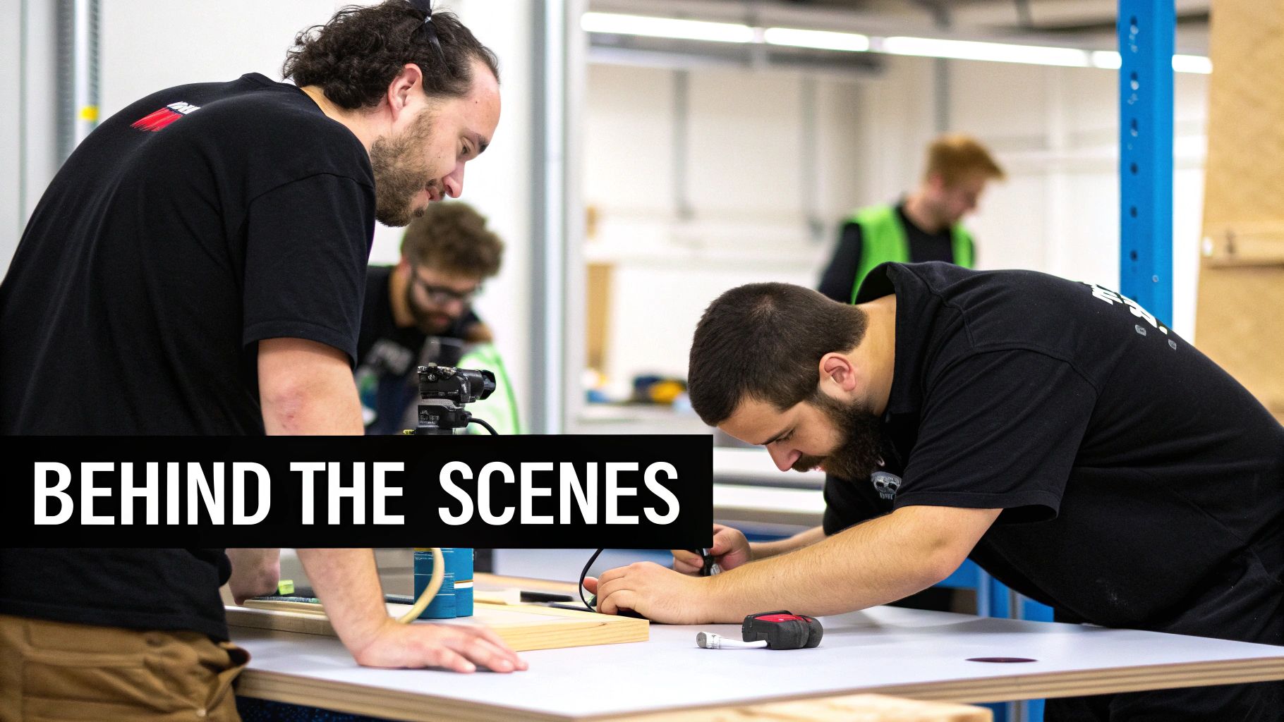 Behind the scenes shot of men working with tools and a camera in a production workshop.
