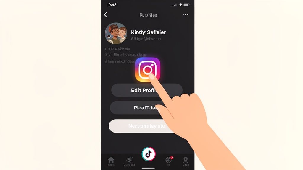 A hand points to an Instagram logo on a mobile phone screen displaying a profile page.