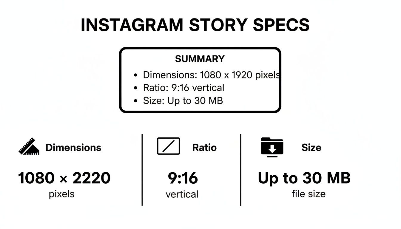 Instagram Story specifications summary showing optimal dimensions, ratio, and file size for uploads.