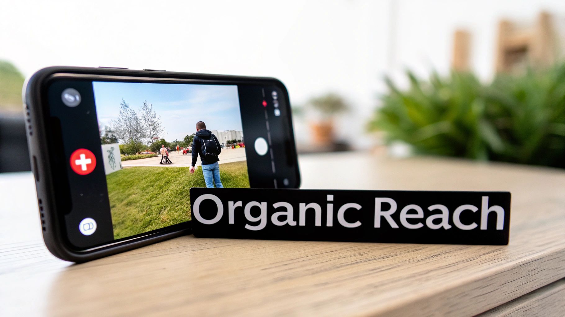 A smartphone recording an outdoor scene with a person walking, next to a sign saying 'Organic Reach'.