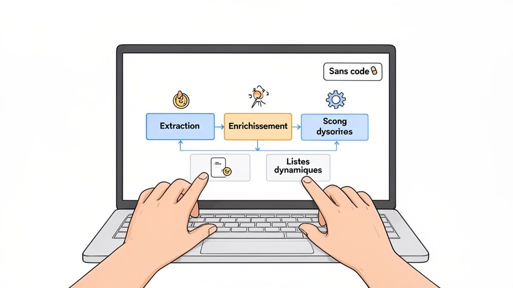 Un diagramme de flux sur un ordinateur portable montrant l'extraction, l'enrichissement et des listes dynamiques, avec l'option "Sans code".