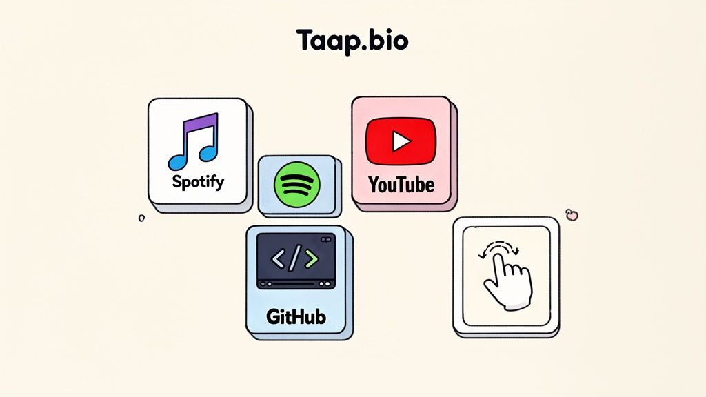 Icons for Spotify, YouTube, and GitHub demonstrating a Taap.bio link-in-bio service.