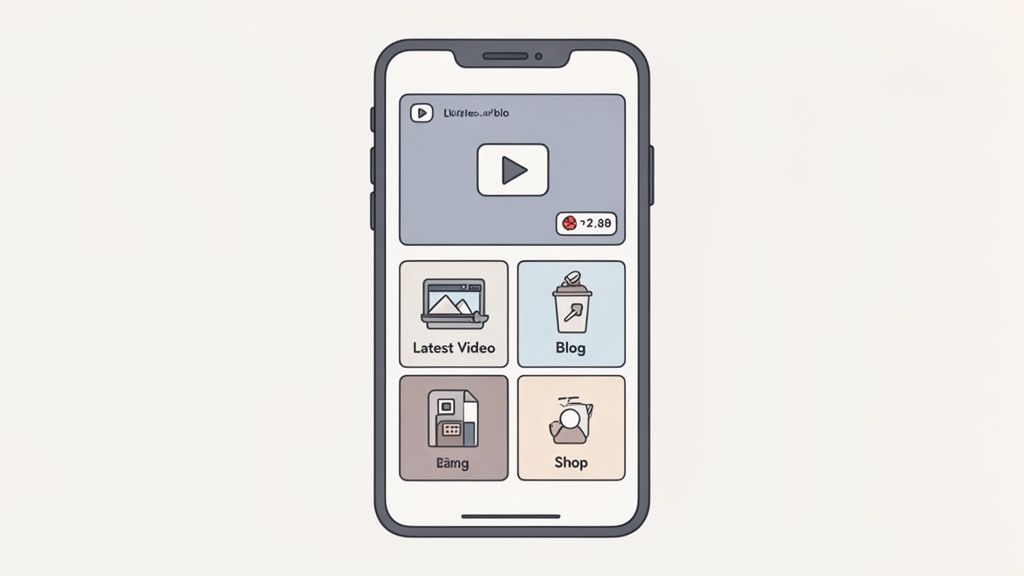 A smartphone displays a mobile app interface with a video player, latest video, blog, and shop buttons.