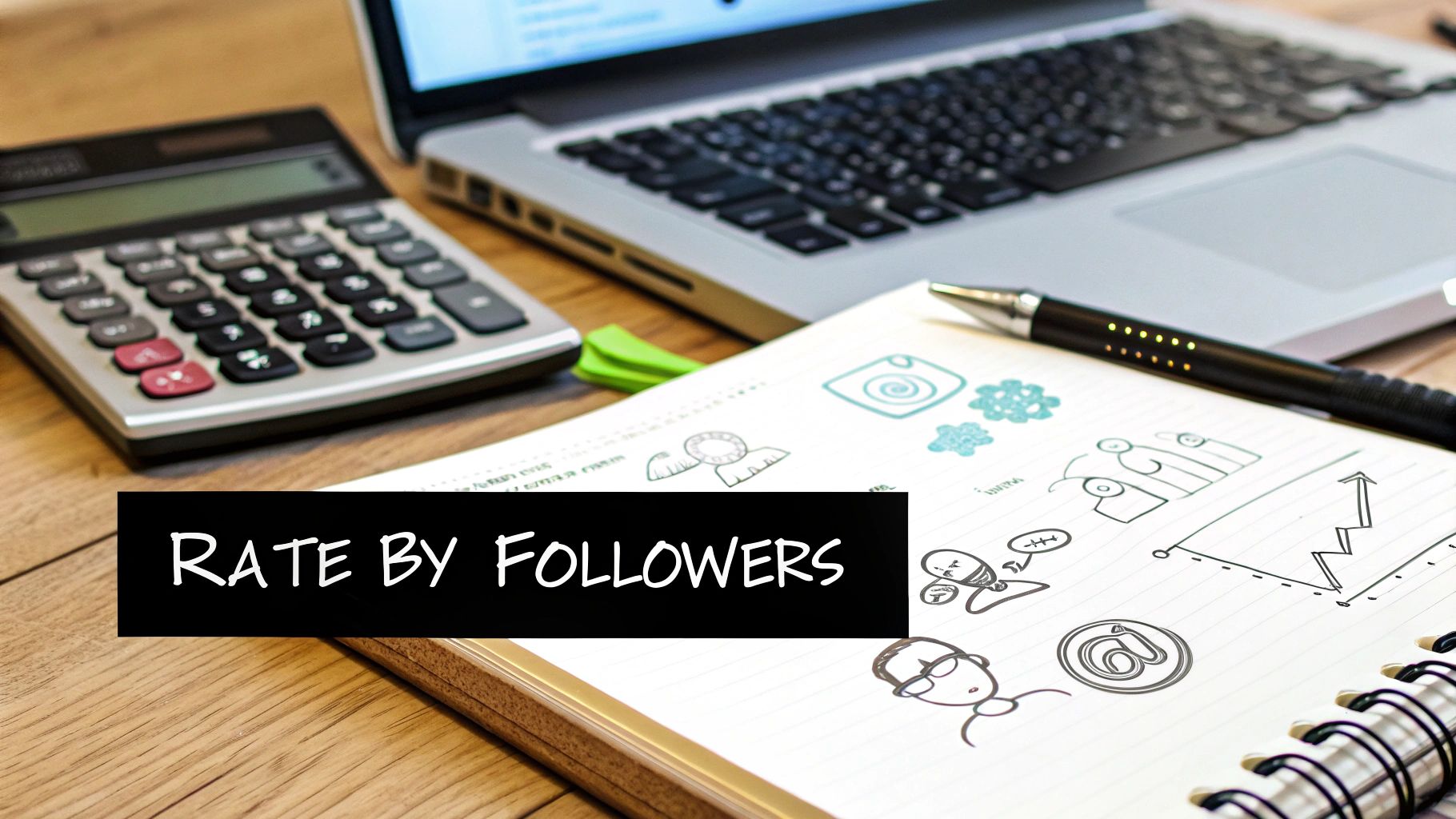 A desk setup with a calculator, laptop, and notebook displaying 'RATE BY FOLLOWERS' text and sketches.