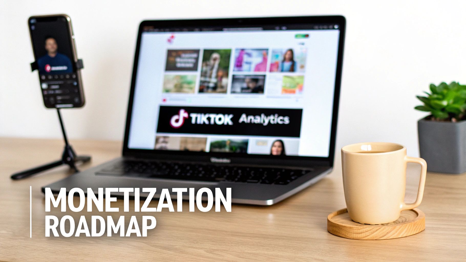 A modern workspace with a laptop displaying TikTok analytics, a smartphone, and a coffee mug.