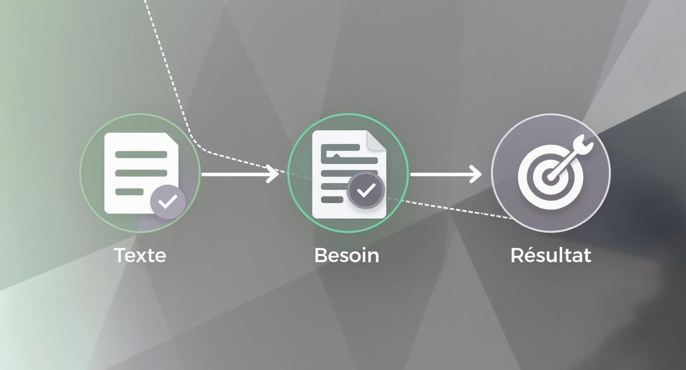 Diagramme de processus montrant trois étapes : texte, besoin et résultat avec des icônes de document et cible