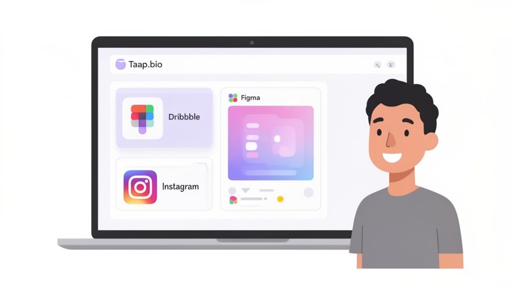 A smiling man beside a laptop displaying a Taap.bio no-code builder showing Dribbble, Figma, and Instagram integrations.