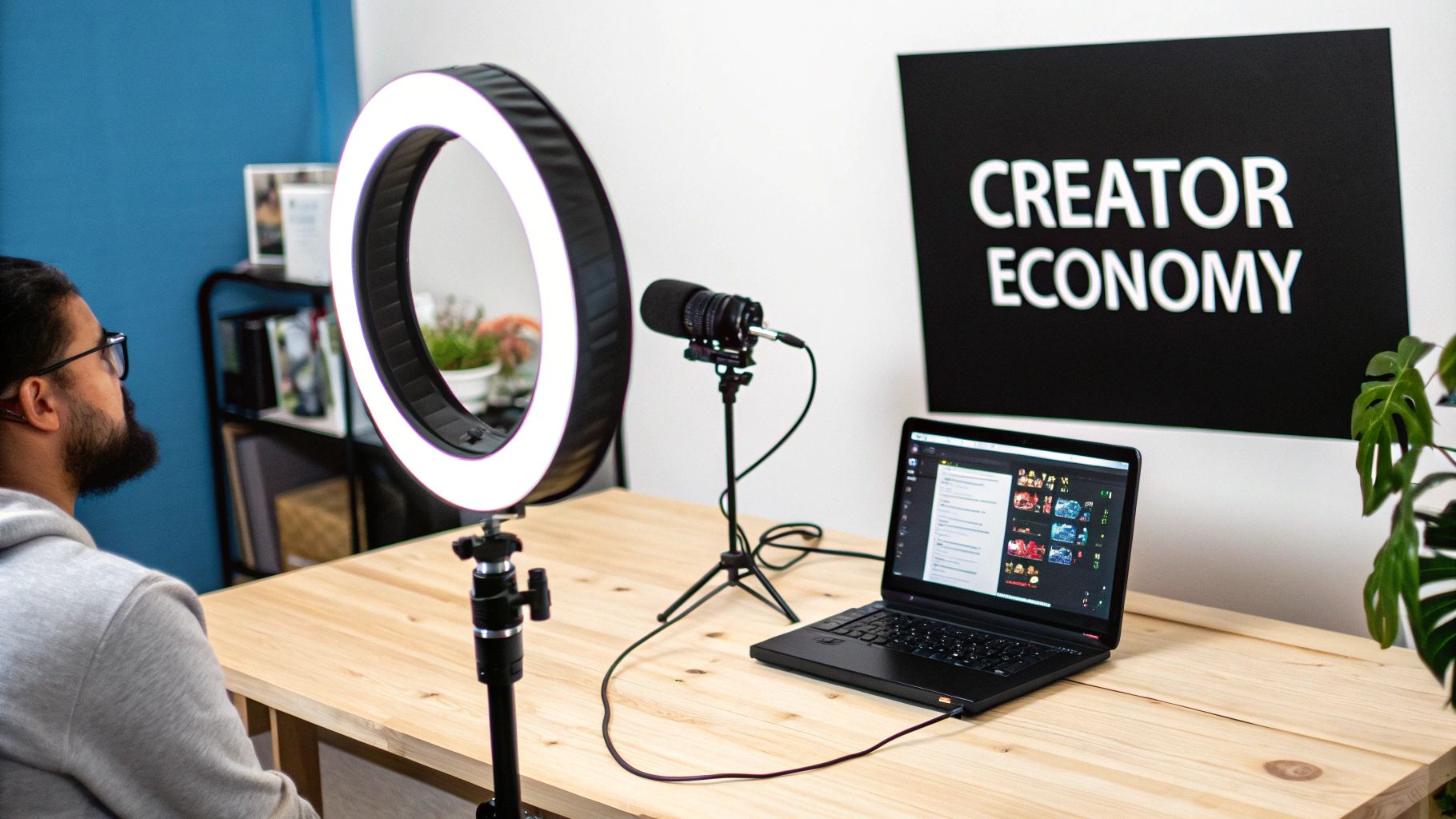 A content creator sits at a desk with a ring light, microphone, laptop, and 'CREATOR ECONOMY' sign.