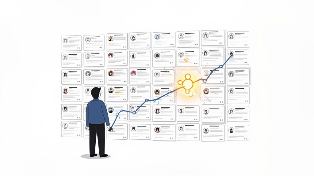 A man studies a wall of social media profiles and an upward trending engagement graph.
