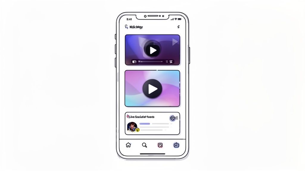 A mobile phone screen displays an app's interface with two video players and a social feed section.
