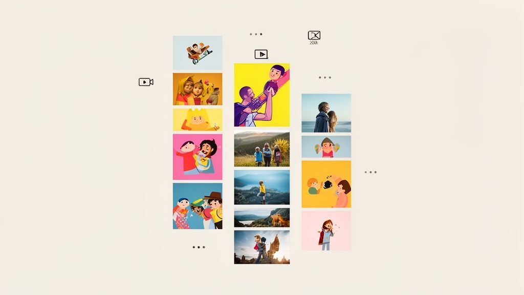 A diverse collection of photographs and illustrations neatly arranged in an organized grid layout on a light background.