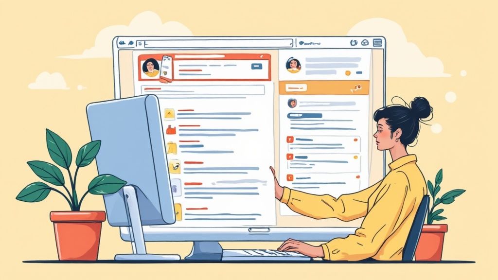 Une personne examinant attentivement un profil LinkedIn sur un écran, à la recherche d'indices.