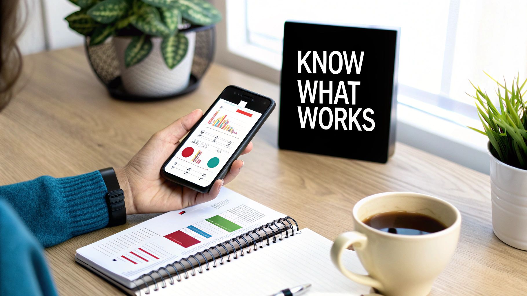 Person analyzing data on a smartphone and notebook with 'KNOW WHAT WORKS' sign on a desk.