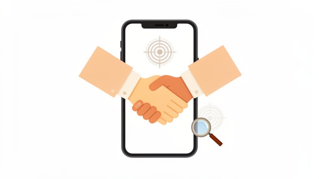 Image d'un smartphone affichant une cible, avec une poignée de main symbolisant un accord et une loupe.