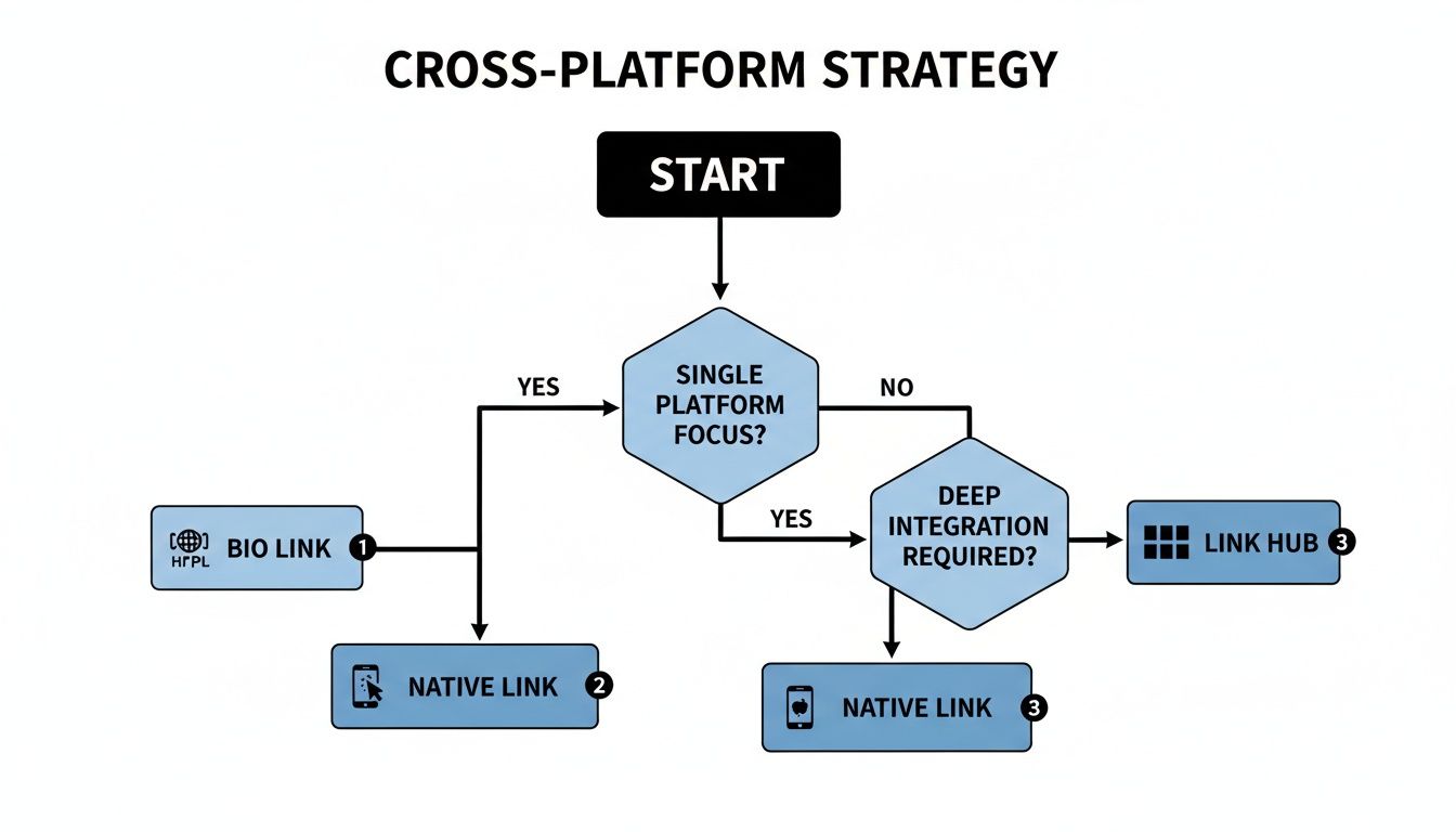 Flowchart illustrating a cross-platform strategy for links, including bio link, native links, and link hub options.