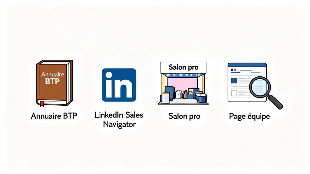 Quatre outils de recherche d'informations professionnelles : annuaire BTP, LinkedIn Sales Navigator, salon pro, page équipe.