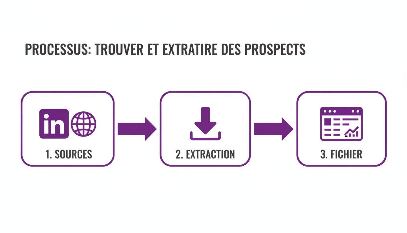 Processus pour trouver et extraire des prospects, illustré avec des étapes de sources, extraction et fichier.