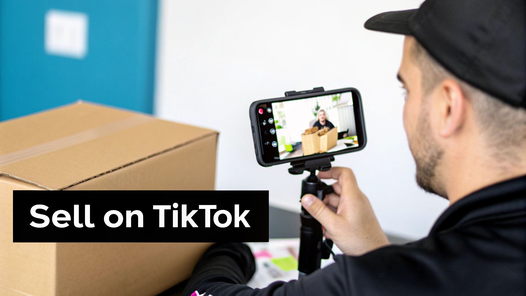 A person records a smartphone video of someone unboxing products, with 'Sell on TikTok' text overlay.
