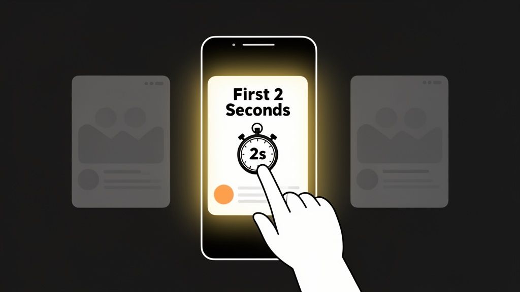 A hand taps a smartphone screen displaying 'First 2 Seconds' and a stopwatch, indicating quick engagement.