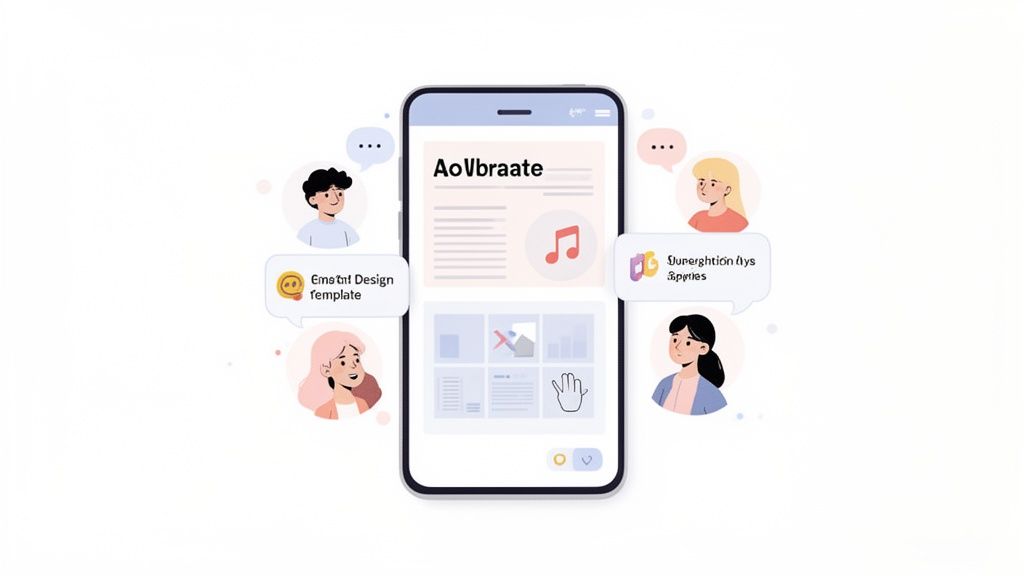 A mobile phone app interface surrounded by cartoon avatars and speech bubbles, illustrating online social engagement.
