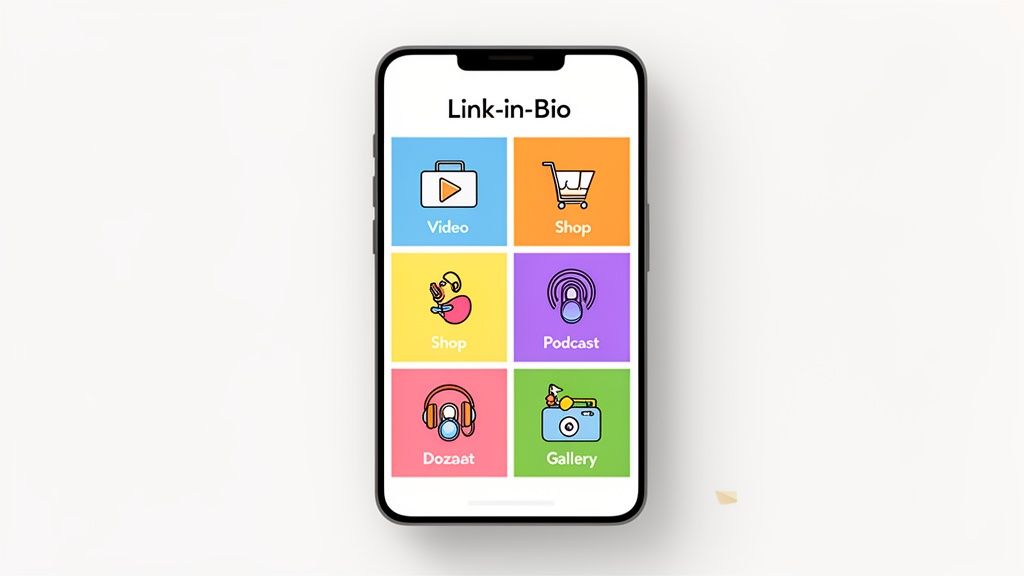 Close-up of a smartphone screen showing a colorful Link-in-Bio page with various content categories.