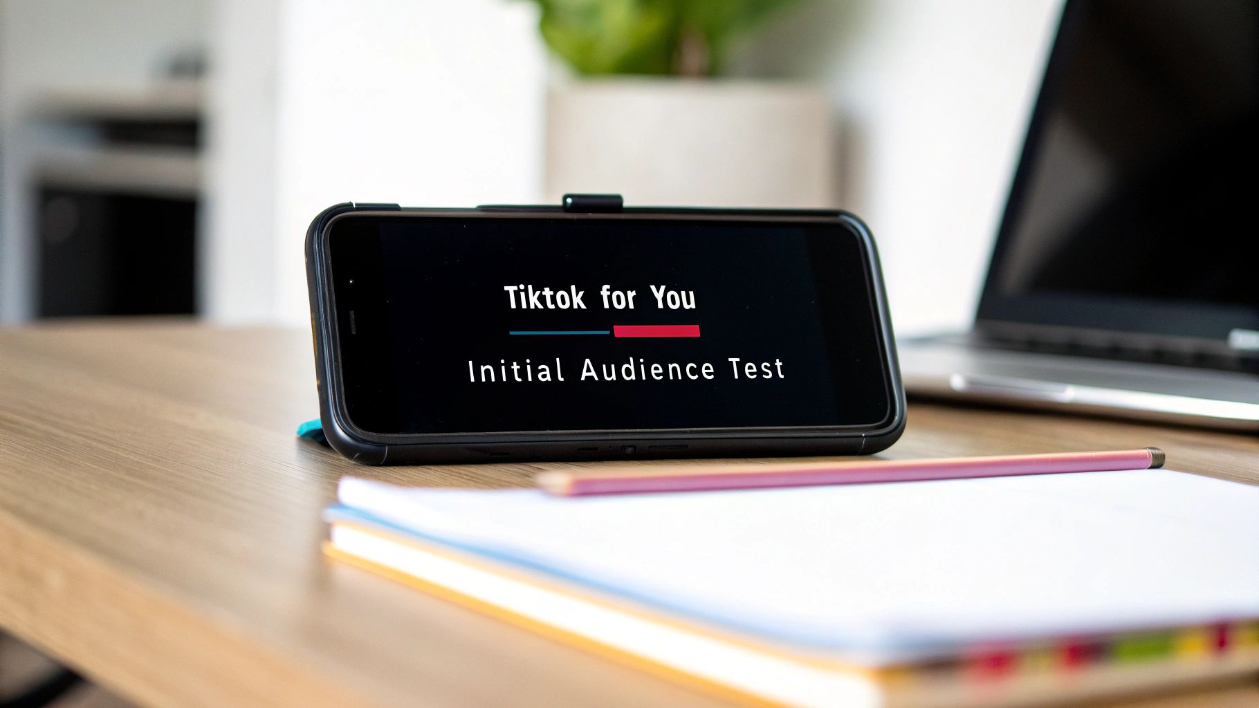 A smartphone displaying 'TikTok for You' and 'Initial Audience Test' on a desk, next to a laptop and stationery.
