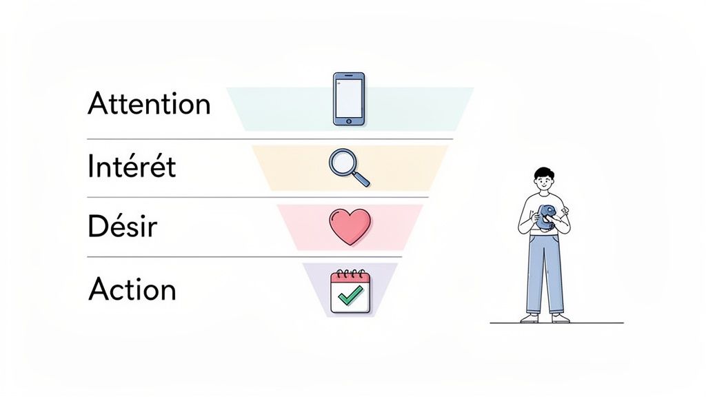 Un entonnoir marketing illustrant les étapes Attention, Intérêt, Désir et Action avec des icônes correspondantes.