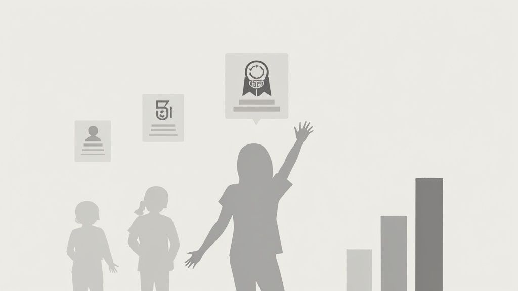 Silhouettes de personnes, icônes de succès et graphique à barres, symbolisant la progression et l'accomplissement.