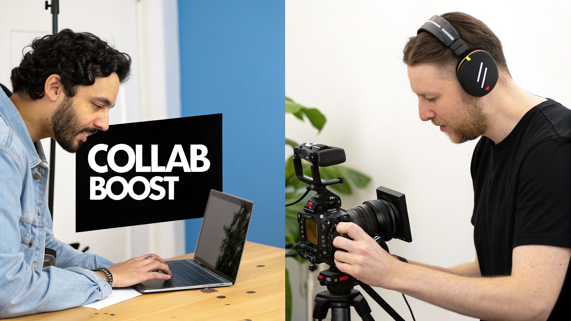 Two men focused on content creation: one using a laptop, the other operating a video camera.