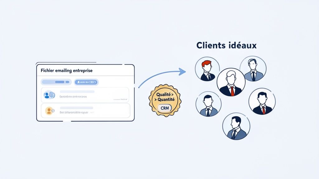 Visualisation du processus de sélection de clients idéaux à partir d'un fichier emailing d'entreprise, via un CRM axé sur la qualité.