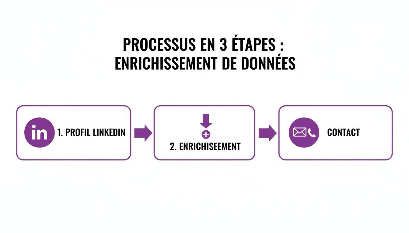 Diagramme montrant un processus en 3 étapes pour l'enrichissement de données: profil LinkedIn, enrichissement, puis contact.