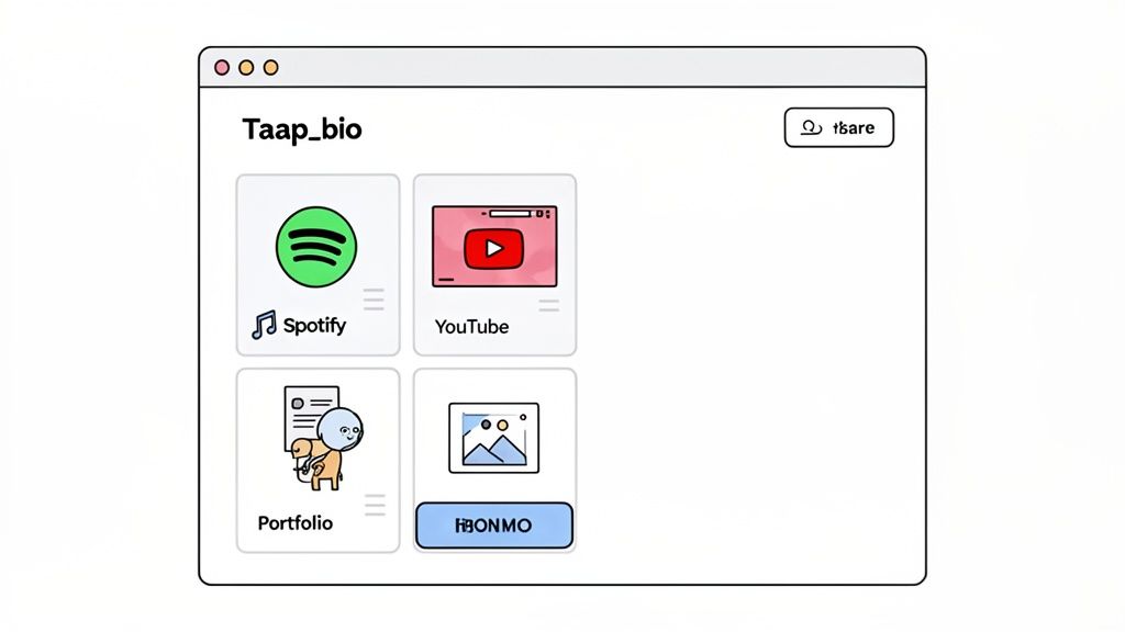 A digital bio link page displaying cards for Spotify, YouTube, Portfolio, and an image gallery with a share button.