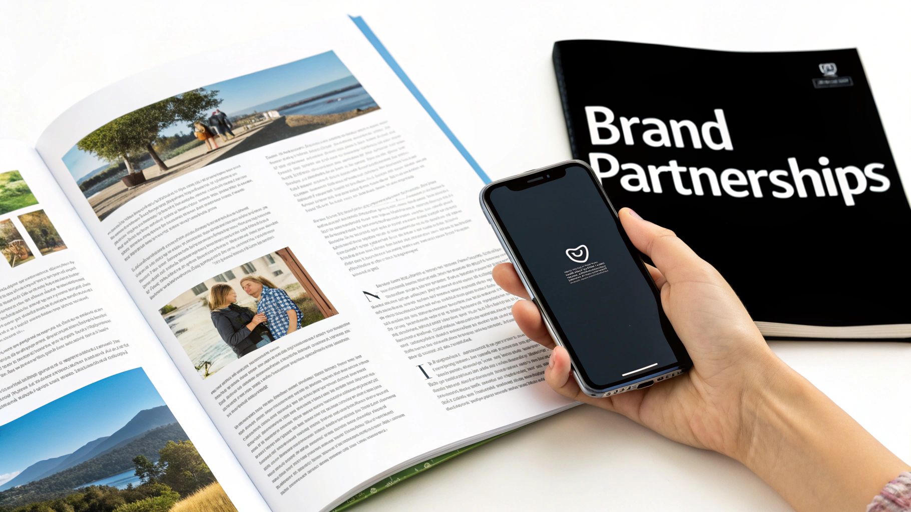 A hand holds a smartphone displaying an app, resting on an open magazine next to a "Brand Partnerships" book.