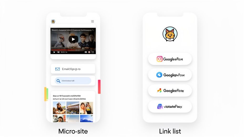 Two mobile screens showcase a micro-site with video and content next to a simpler link list.