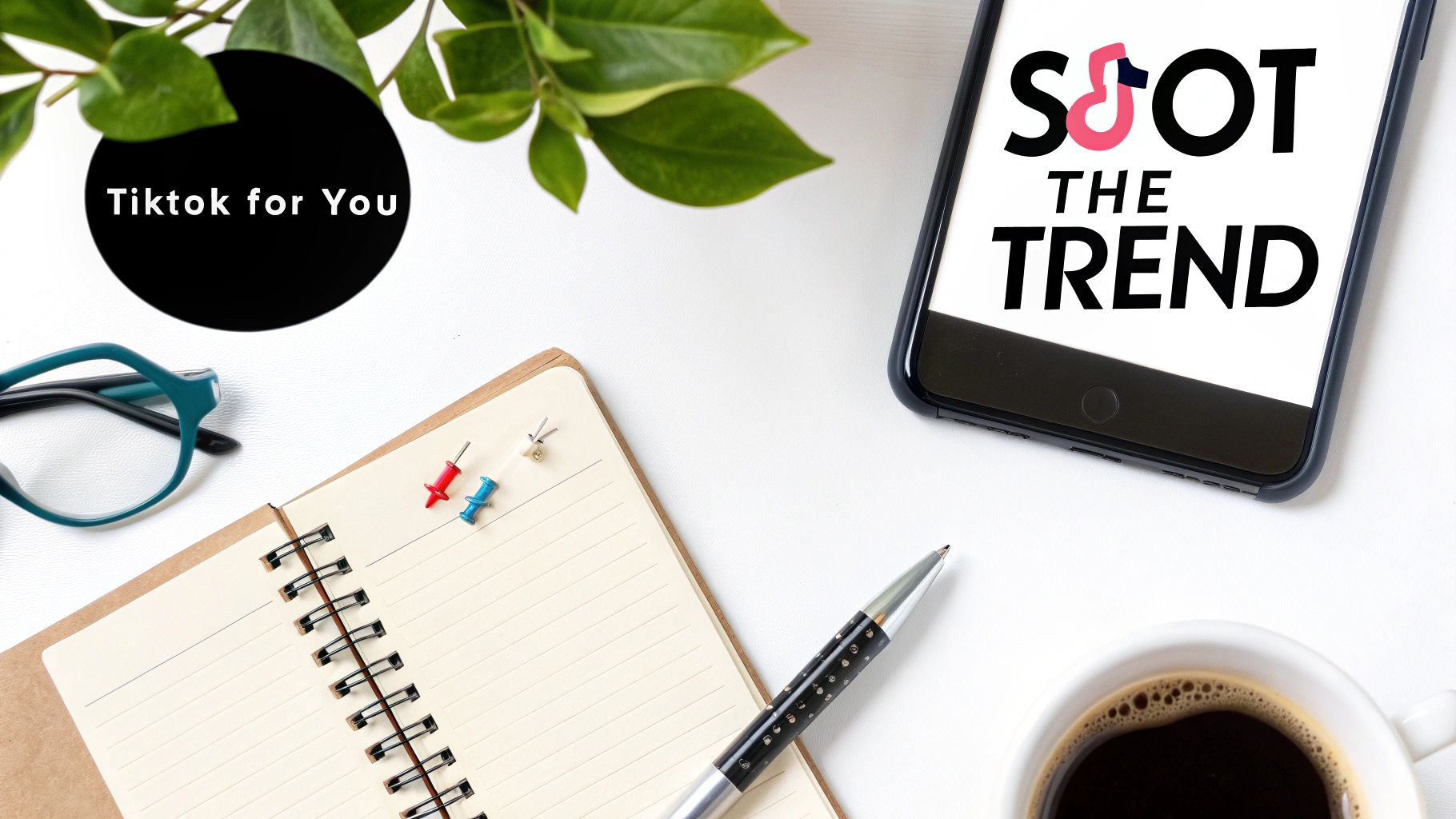 Overhead view of a white desk with a phone showing 'Spot the Trend' for TikTok success.