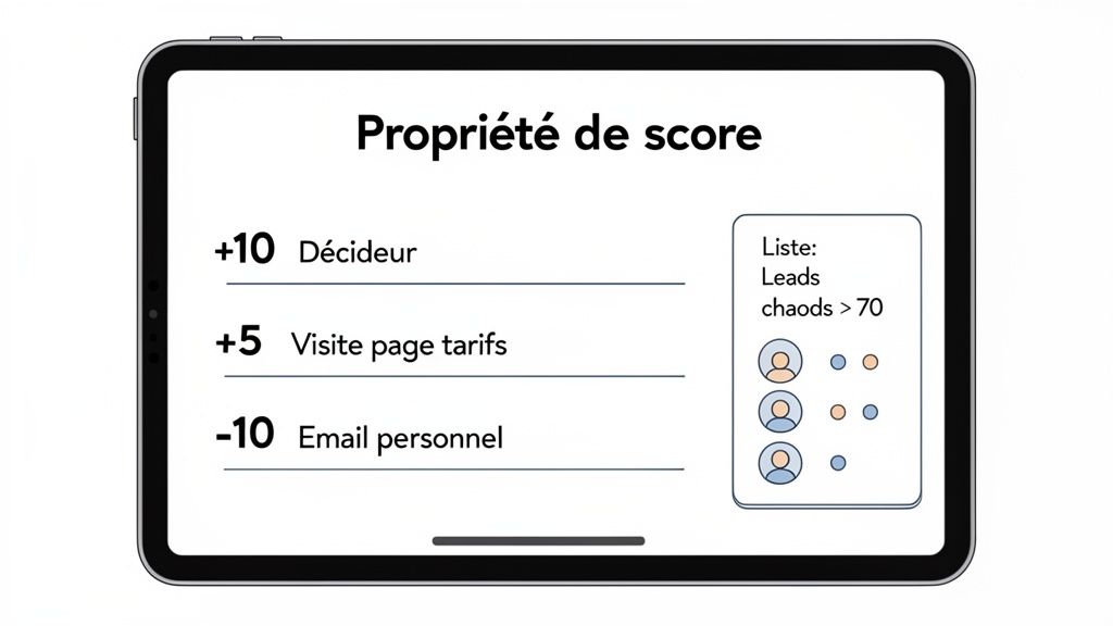 Écran de tablette illustrant des règles de scoring de leads avec des points positifs et négatifs, et une liste de leads.