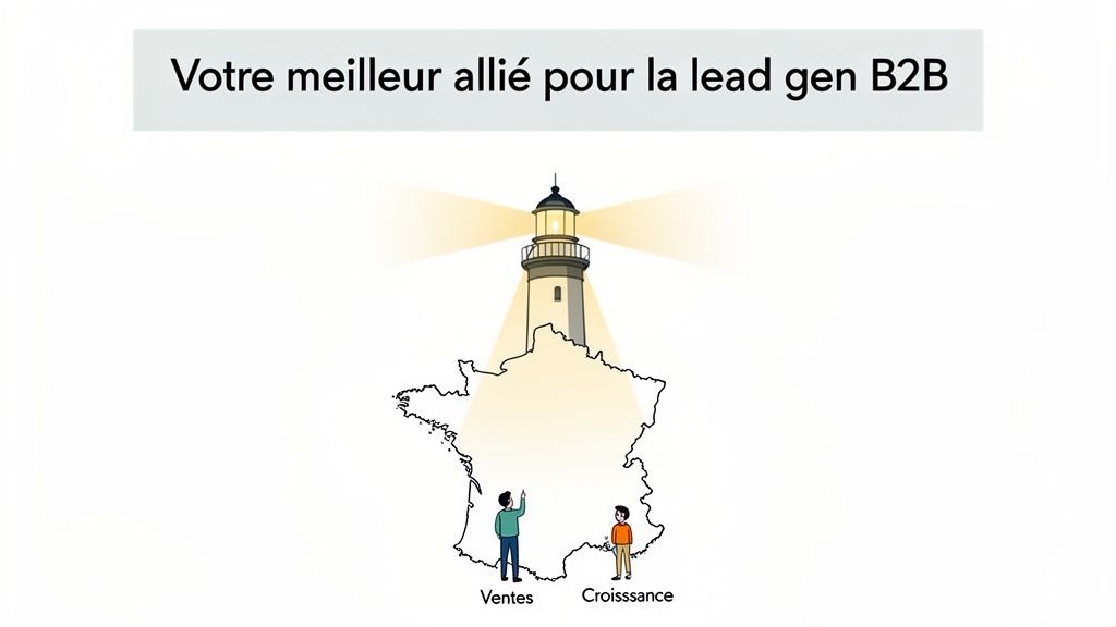 Phare éclairant la carte de France, guidant les ventes et la croissance B2B pour la génération de leads.