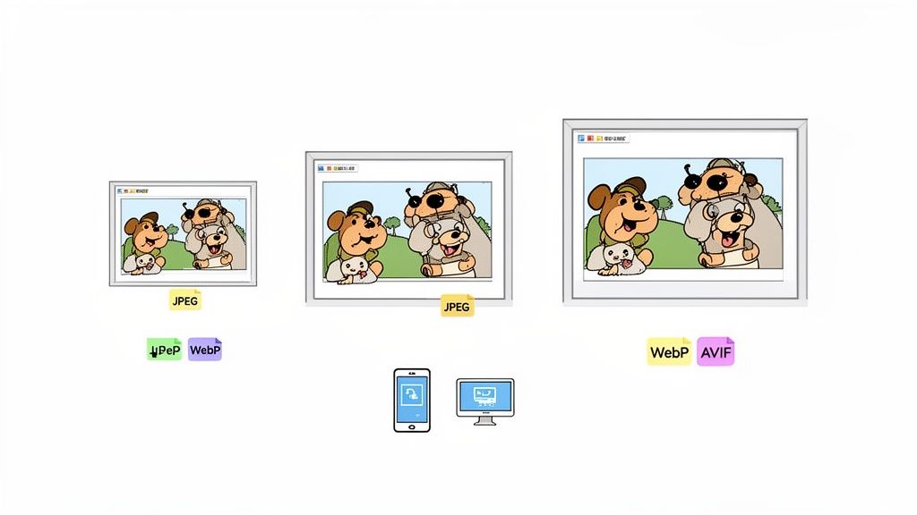 Comparison of different image formats (JPEG, WebP, AVIF) at various sizes for responsive display.