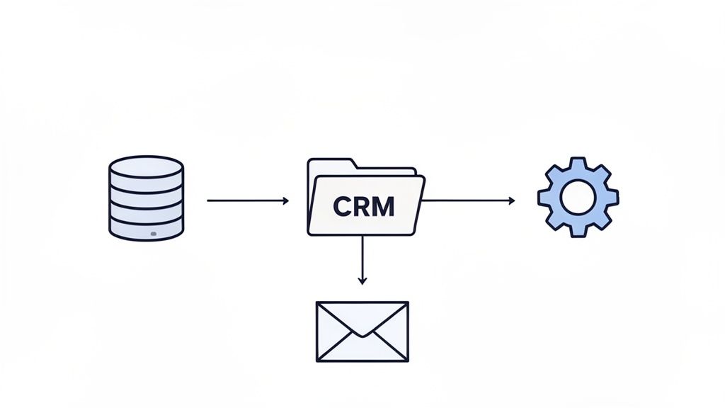 Représentation d'un flux de données partant d'une base de données vers un système CRM, puis vers une automatisation et des emails.
