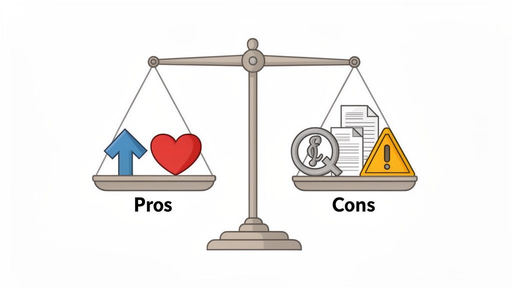 A balance scale weighing pros (upward arrow, heart icon) against cons (documents, magnifying glass, warning sign).