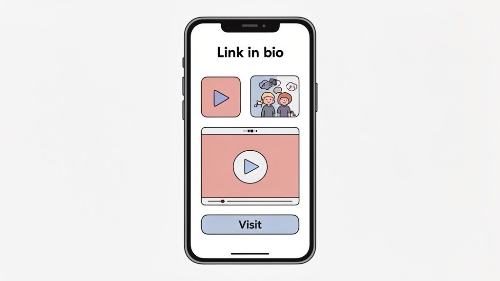 A smartphone screen displaying a 'Link in bio' page with video previews and a 'Visit' button.
