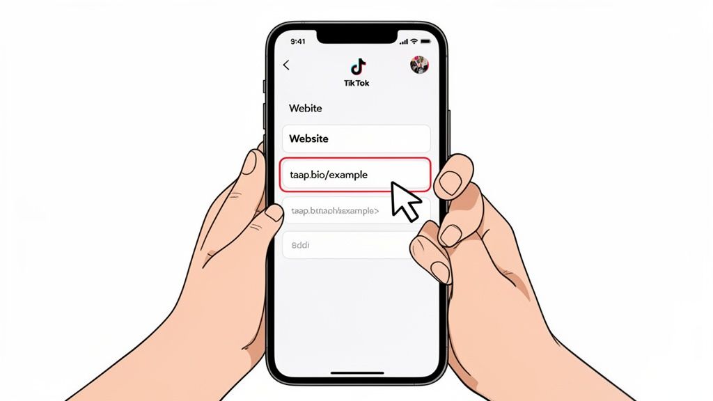 A phone screen showing the TikTok app with a website link being added to the user's bio.