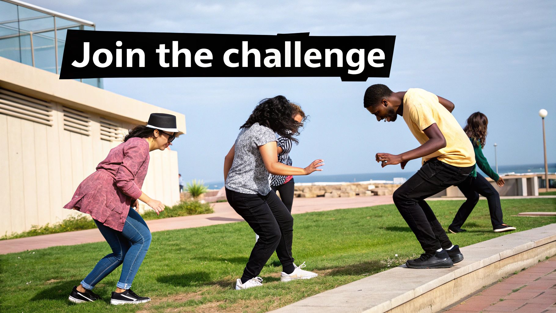 Diverse group of young adults playing an active outdoor game on grass with 'Join the challenge' text.