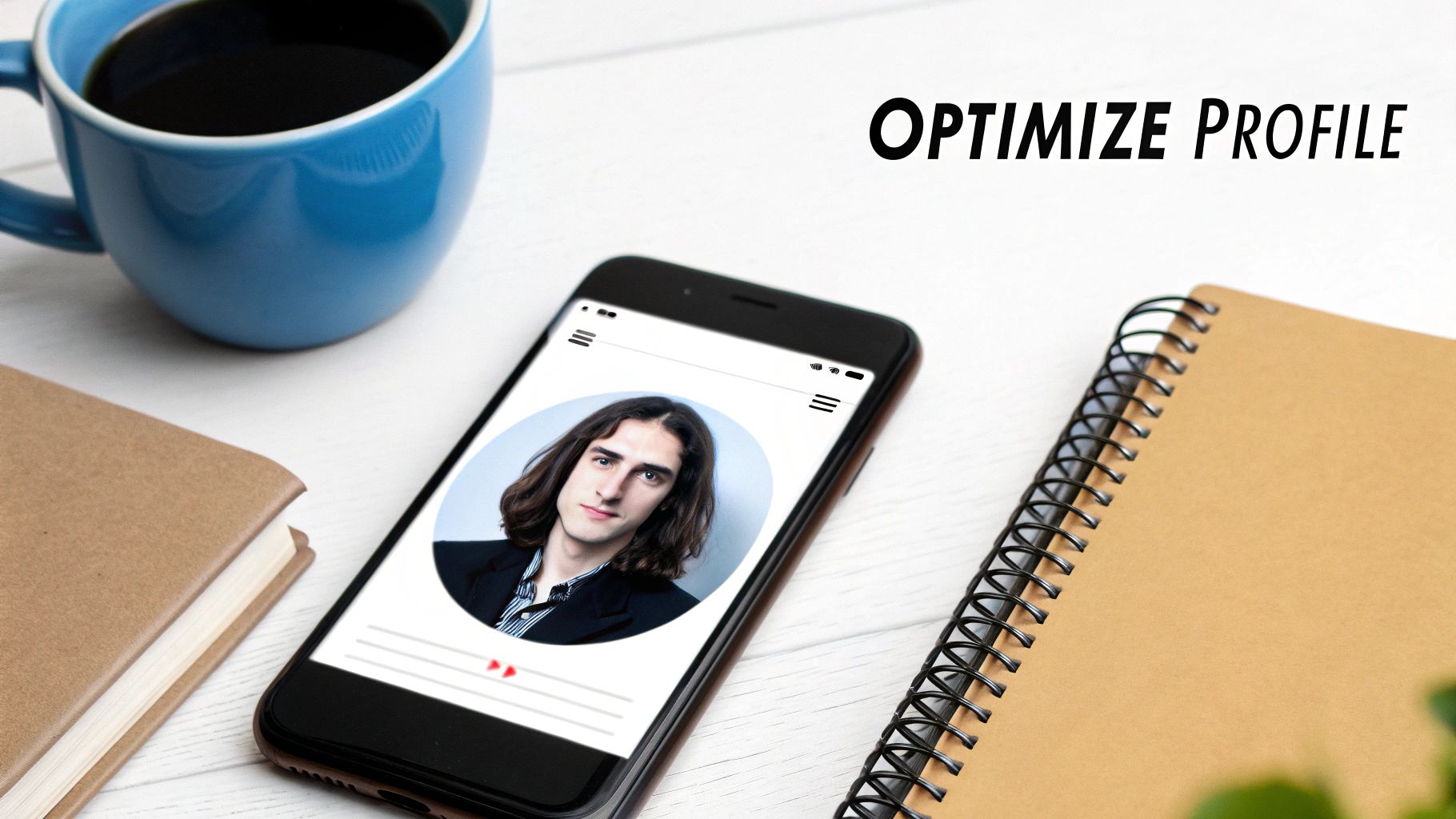 A smartphone displaying a profile picture of a man, next to a coffee mug and notebook, with 'OPTIMIZE PROFILE' text.
