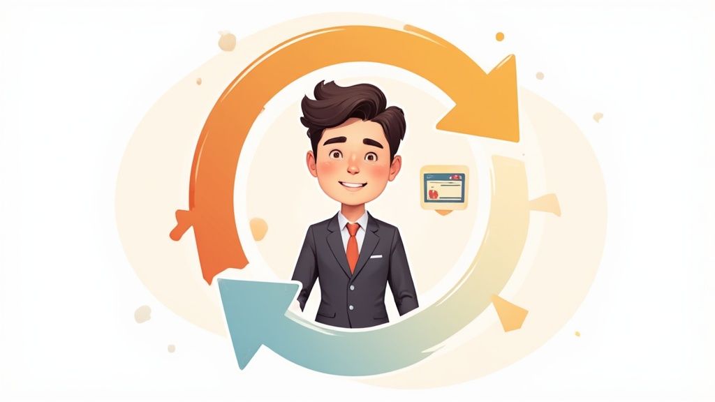 Illustration d'un homme en costume, souriant, au centre d'un cycle de développement professionnel ou commercial.