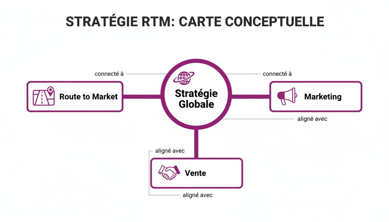 Schéma conceptuel de la stratégie RTM illustrant les liens entre la stratégie globale, la route vers le marché, le marketing et les ventes.