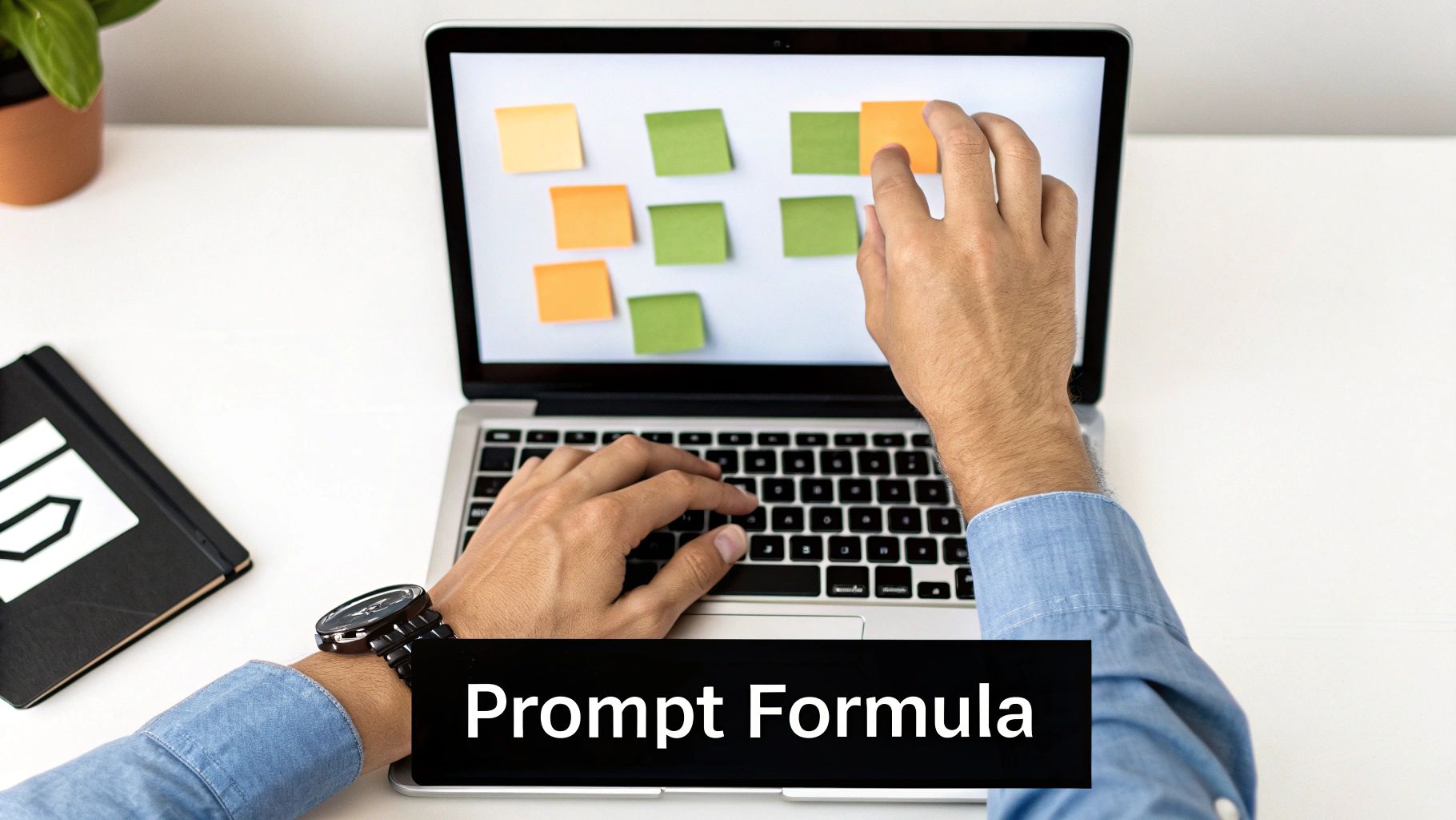 A person works on a laptop with various colorful digital sticky notes on the screen, optimizing content.