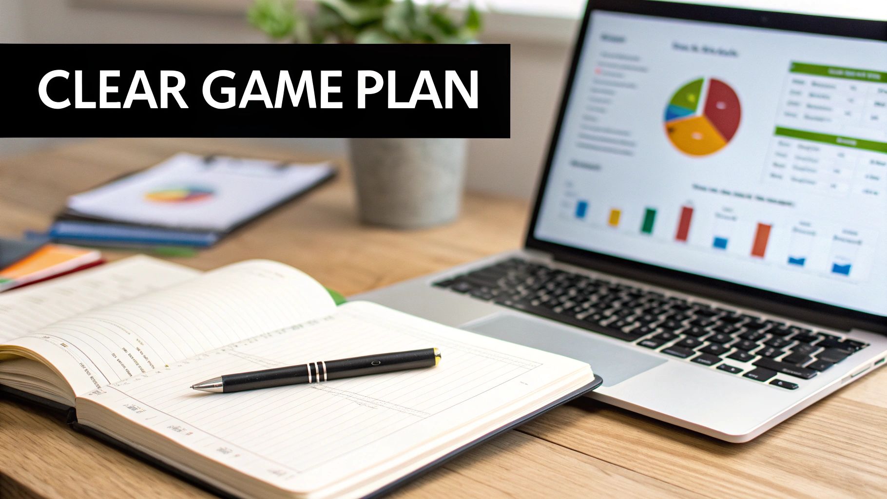 Workspace with laptop displaying data charts, an open notebook, pen, and 'CLEAR GAME PLAN' text.